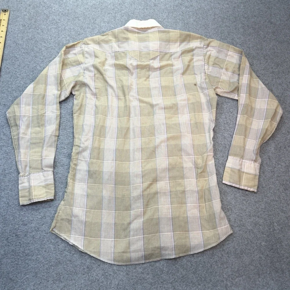 Vtg Panhandle Slim Men M Western Snap-Front Shirt Tan Olive Plaid 15 34 USA 70's